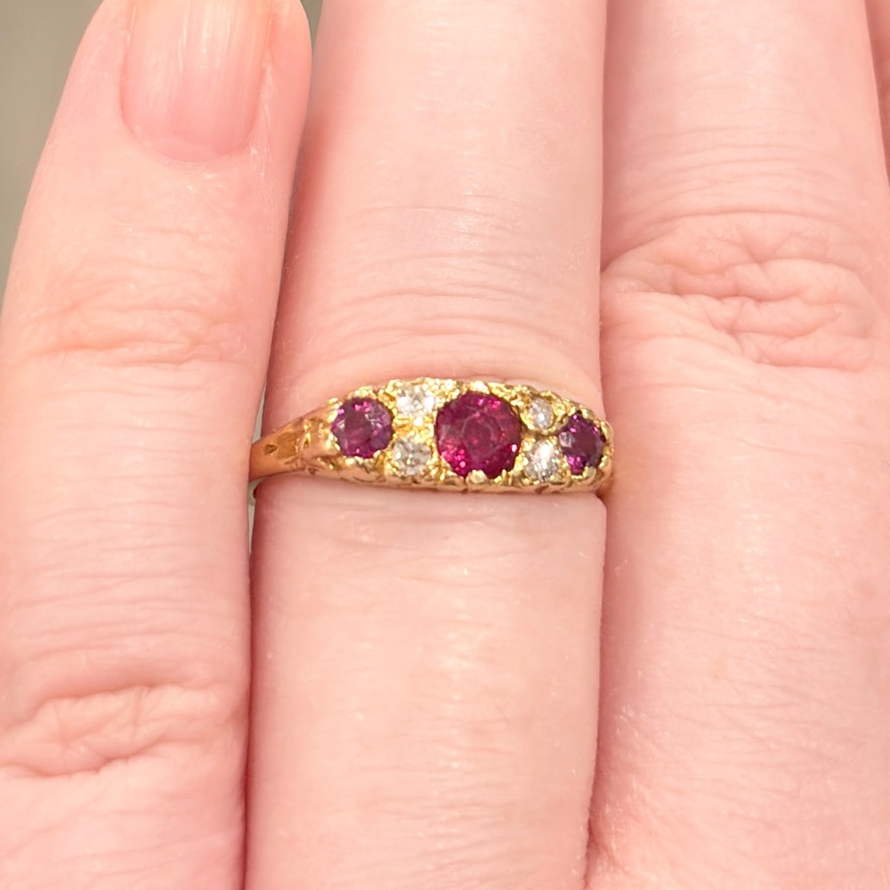 18K Ruby Diamond Edwardian Ring, 1960s Recreation Size 6.75 - Picture 5 of 15